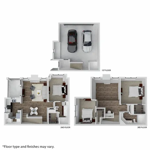 Elegant three-story floor plan with a two-car garage on the first floor, a cozy living room and kitchen on the second, and two spacious bedrooms on the third floor.