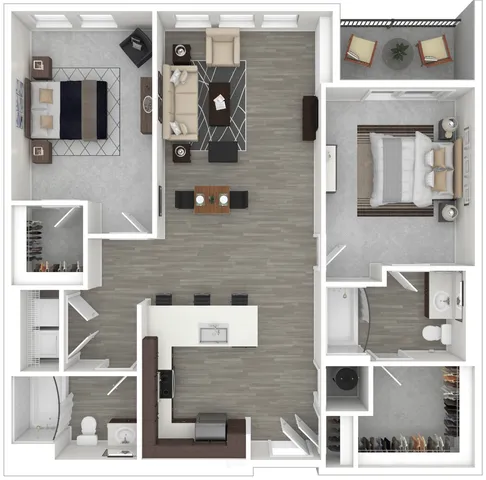 Modern 2-bedroom apartment floor plan featuring a spacious living room, elegant kitchen with island seating, two stylish bathrooms, and a cozy balcony retreat.