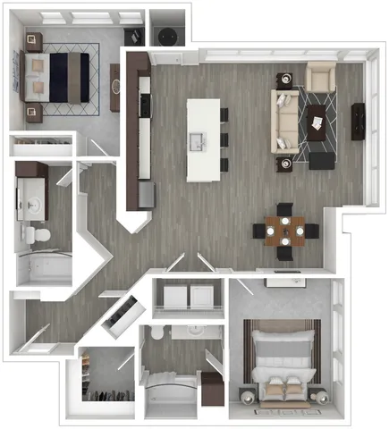 Modern floor plan showcasing 2 bedrooms, open-concept living space, gourmet kitchen, and dining area with stylish interiors.