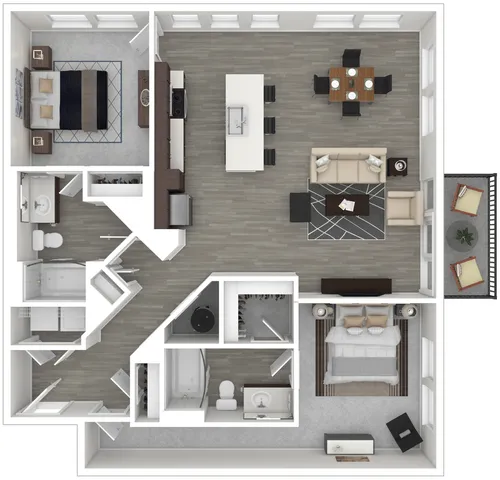 Modern floor plan showcasing two bedrooms, two bathrooms, open-concept kitchen and living area, with a stylish dining space and a cozy balcony.