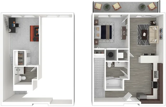 Modern two-level floor plan showcasing a spacious bedroom, open-concept living and dining area, sleek kitchen, and private patio with seating.