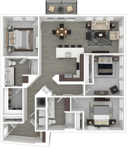 Modern apartment floor plan with 3 bedrooms, spacious living area, open kitchen with island, and two bathrooms, featuring a balcony for outdoor relaxation.