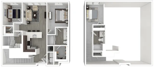 Elegant 3D floor plan showcasing 2 bedrooms, open-concept living area, modern kitchen with island, and two bathrooms, perfect for contemporary living.