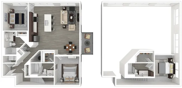 Modern apartment floor plan featuring spacious open-concept living area, 2 cozy bedrooms, sleek kitchen, and private balcony.