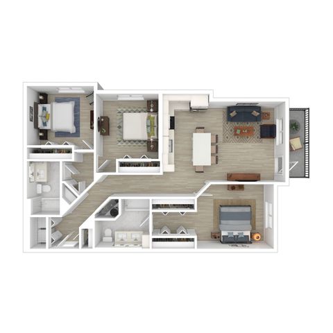Spacious 3D floor plan featuring 3 bedrooms, a modern kitchen, open living area, and two sleek bathrooms with a balcony.