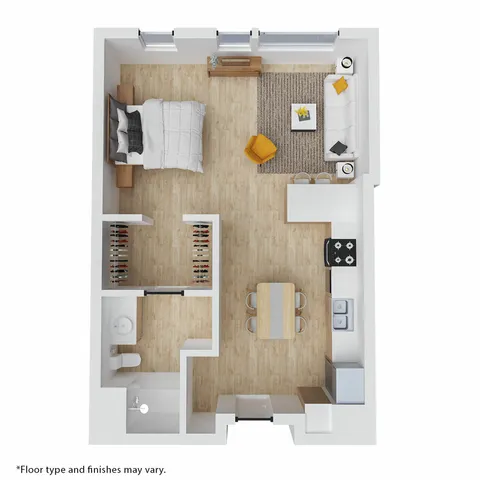 Modern open-concept floor plan featuring 1 bedroom, cozy living area, and efficient kitchen space.