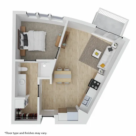 Modern 1-bedroom apartment floor plan with an open-concept living and dining area, stylish kitchen, cozy bedroom, and a private balcony.