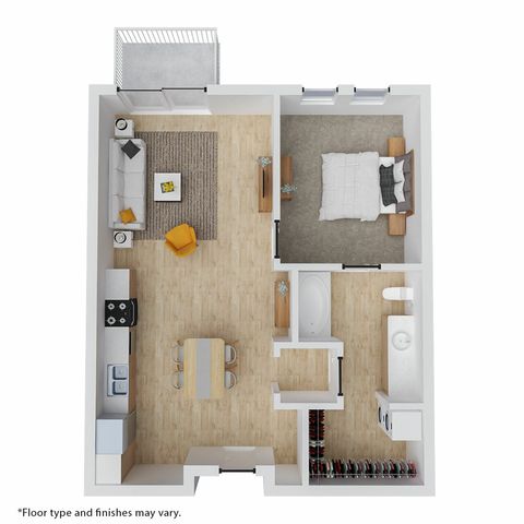 Charming floor plan featuring a cozy bedroom, open-concept living and dining area, modern kitchen, bathroom, and balcony, perfect for urban living.