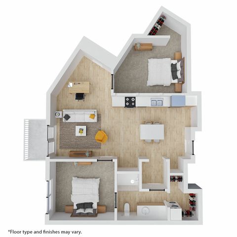 Modern apartment floor plan with 2 cozy bedrooms, an inviting open-concept living and dining area, a sleek kitchen, and a spacious balcony.