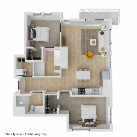 Modern 2D floor plan showcasing 2 bedrooms, a sleek open-concept living and dining area, and a stylish kitchen with ample natural light.
