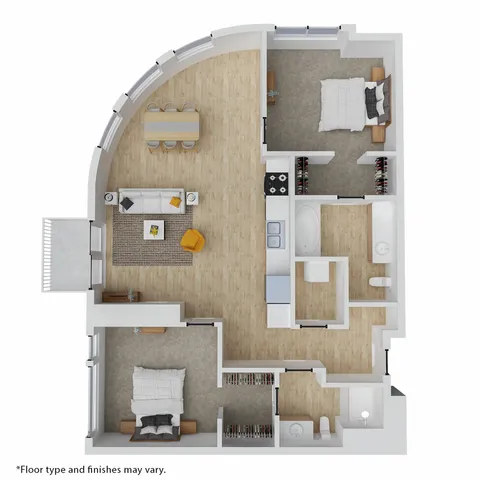 Modern 2D floor plan showcasing 2 bedrooms, an open-concept living area with stylish furniture, a spacious kitchen, and a private balcony.