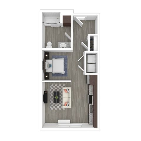 Modern 1-bedroom apartment floor plan with a spacious open-plan living area, sleek kitchen, and contemporary bathroom.