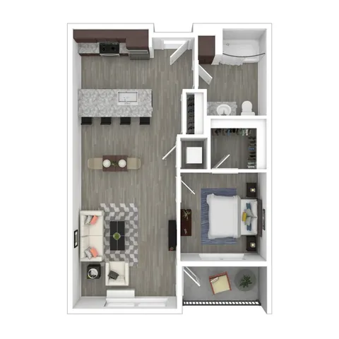 Modern 1-bedroom apartment floor plan showcasing an open-concept living area, sleek kitchen with island, stylish bathroom, and cozy balcony.