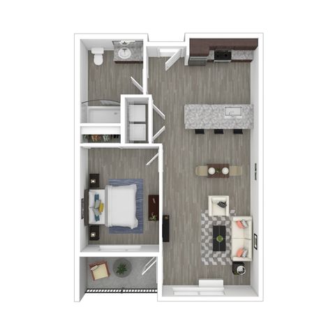 Modern 3D floor plan showcasing a spacious 1-bedroom apartment with an open-concept living area, sleek kitchen, and cozy balcony.
