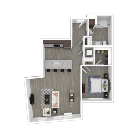 Chic floor plan showcasing an elegant open-concept living area, modern kitchen with island, cozy bedroom, and stylish bathroom.