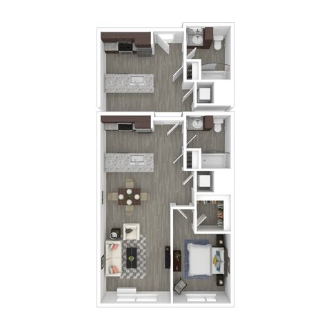 Modern floor plan featuring a spacious open-concept kitchen and living area, one bedroom, and two bathrooms with elegant interior design.