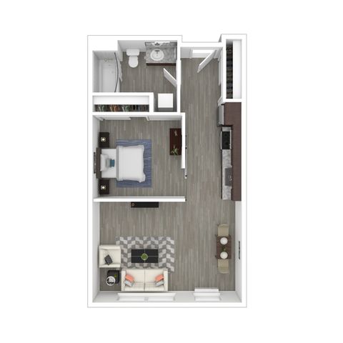 Modern floor plan showcasing one-bedroom apartment with a spacious living area, sleek kitchen, and elegant bathroom.