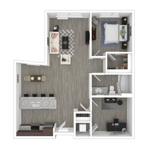 Modern 2D floor plan showcasing an elegant one-bedroom, open living and dining area, stylish kitchen island, and spacious bathroom with walk-in closet.