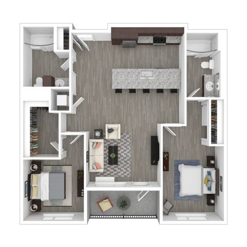 Beautiful floor plan showcasing a modern open-concept living area, two spacious bedrooms, chic kitchen island, and cozy balcony.