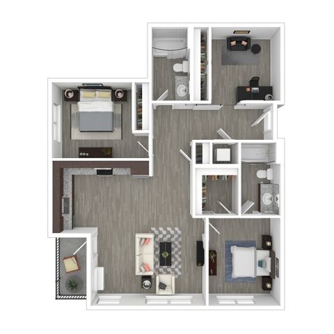 Charming 3D floor plan showcasing two spacious bedrooms, elegant open living area, and a modern kitchen, perfect for comfortable living.
