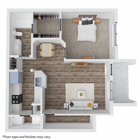 Chic 3D floor plan showcasing a spacious one-bedroom apartment with an open-concept living and dining area, modern kitchen, and ample closet space.