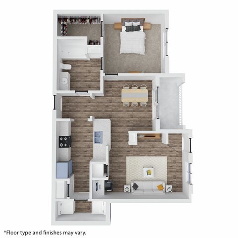 Modern open-concept floor plan featuring 1 bedroom, spacious walk-in closet, inviting kitchen with island dining, and a cozy living room.