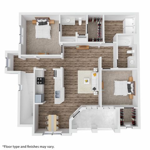 Contemporary floor plan showcasing 2 spacious bedrooms, an open-concept living and dining area, and a modern kitchen with sleek finishes.