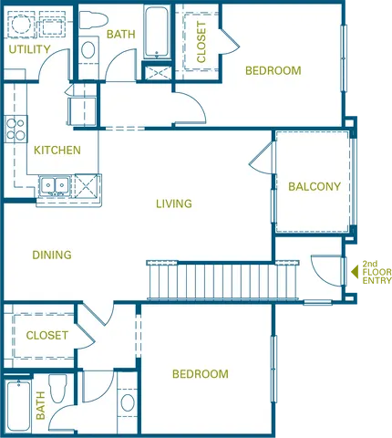 Inviting floor plan showcasing 2 spacious bedrooms, a modern kitchen, elegant living and dining areas, with a relaxing balcony and convenient utility room.