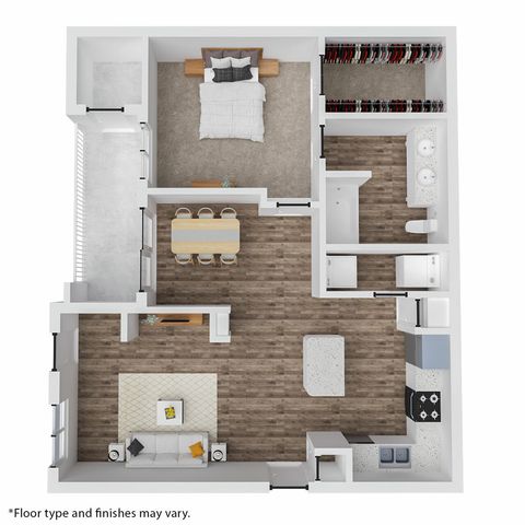 Inviting floor plan showcasing an elegant 1-bedroom apartment with a walk-in closet, modern kitchen, dining area, and spacious living room for stylish urban living.