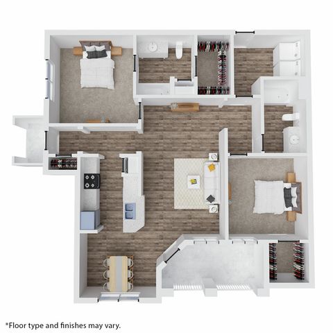 Chic modern floor plan showcasing 3 bedrooms, open living area, elegant kitchen, and dining space with natural light.