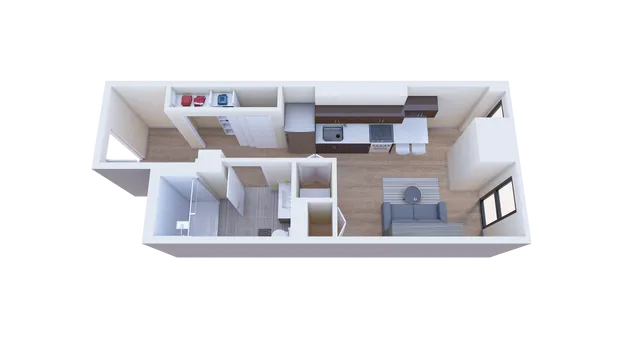 Modern 3D floor plan showcasing a sleek open kitchen, cozy living area, and stylish bathroom.