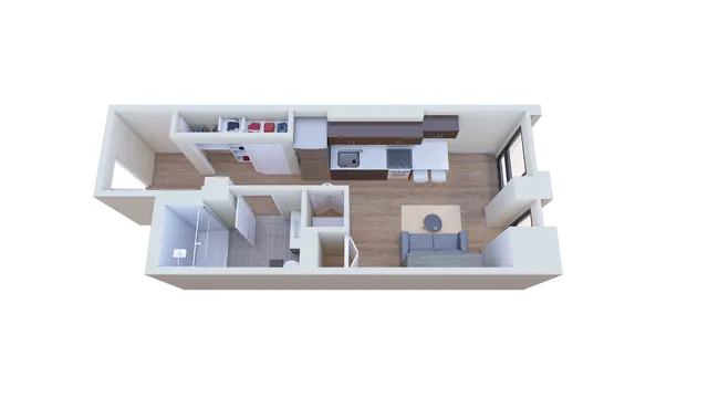 Modern 3D floor plan showcasing an open-concept apartment with a sleek kitchen, stylish living area, and contemporary bathroom.