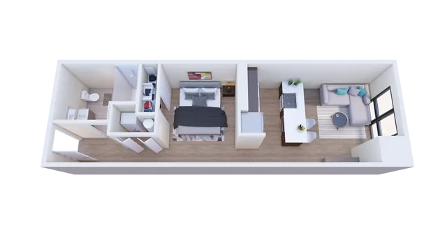 Chic 3D floor plan showcasing a modern one-bedroom apartment with open-concept living area, sleek kitchen, and cozy bedroom.