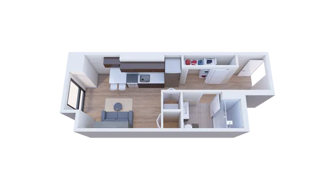 Chic 3D floor plan showcasing a modern apartment with a cozy living area, stylish kitchen, and elegant bathroom.