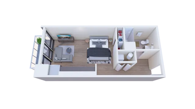Modern one-bedroom apartment layout featuring a cozy living room with large windows, a stylish bedroom, and a compact bathroom.