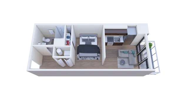 Modern 3D floor plan of a chic studio apartment featuring an open-concept living area, cozy bedroom, and sleek kitchen with large windows.