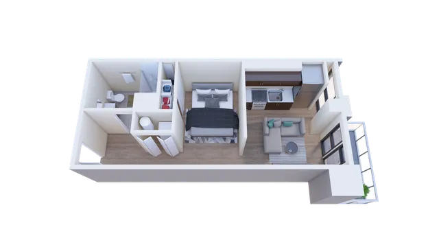 Modern 3D floor plan featuring a cozy bedroom, sleek kitchen, and inviting living area with abundant natural light.