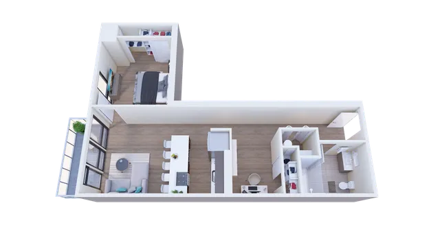 Contemporary 3D floor plan highlighting a spacious layout with a bedroom, modern kitchen, cozy living area, and sleek bathroom. Floor-to-ceiling windows offer abundant natural light.