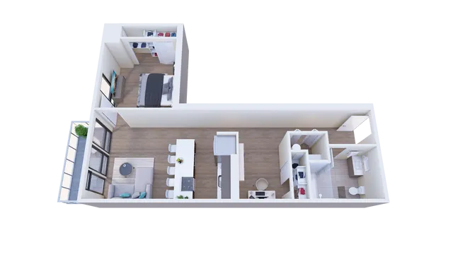 Modern 3D floor plan featuring a spacious layout with a large living area, stylish kitchen island, and cozy bedroom spaces, perfect for contemporary living.