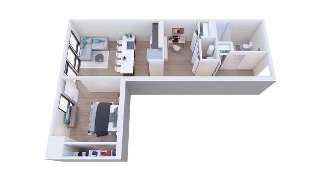 Modern L-shaped floor plan featuring a cozy living room, stylish kitchen with island seating, spacious bedroom, and elegant bathroom.