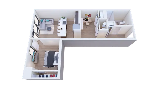 Modern 3D floor plan showcasing one bedroom apartment with open kitchen, stylish living area, and convenient home office space.