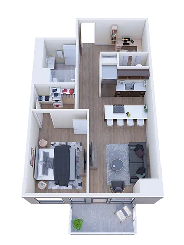 Sleek 3D floor plan showcasing a modern 1-bedroom apartment with an open-concept living area, stylish kitchen, and a cozy balcony.