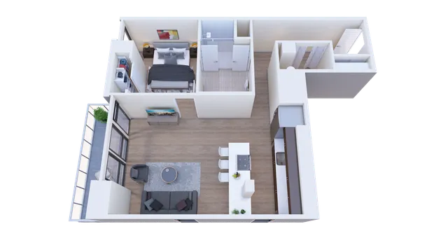 Modern 3D floor plan showing a stylish one-bedroom apartment with open-concept living and dining area, sleek kitchen, and large windows for natural light.