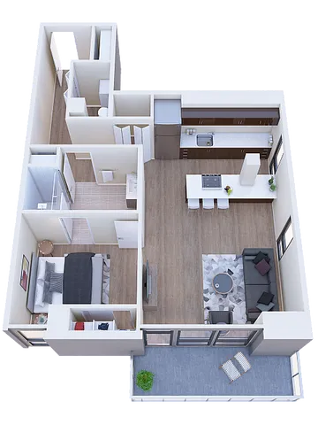 Modern open-concept 3D floor plan showcasing a cozy bedroom, sleek kitchen with breakfast bar, spacious living area, and private balcony.