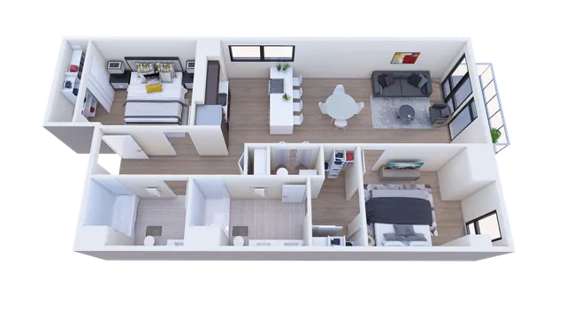Modern 3D floor plan showcasing a bright apartment with two bedrooms, open living area, and stylish kitchen, ideal for contemporary living.
