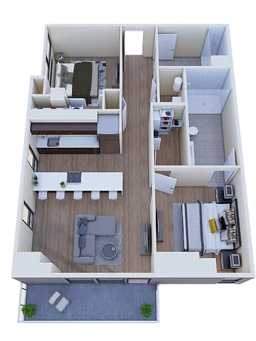 Modern 3D floor plan featuring two spacious bedrooms, an open-concept kitchen, and a cozy living room with balcony access.