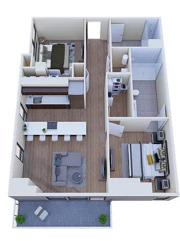 Modern 3D floor plan showcasing 2 bedrooms, a sleek open-concept kitchen, cozy living area, and spacious balcony.
