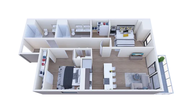 Modern 3D apartment floor plan with two bedrooms, open kitchen, elegant living area, and two bathrooms, showcasing sleek design and spacious layout.