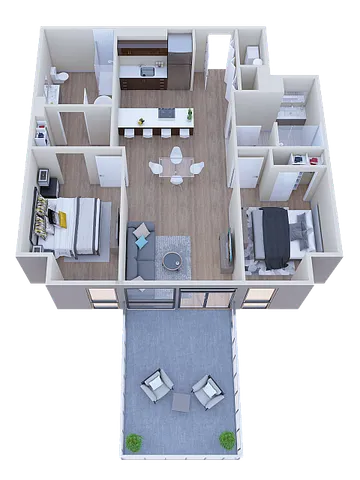 Modern 3D floor plan displaying two bedrooms, open kitchen with island, cozy living room, and expansive balcony.