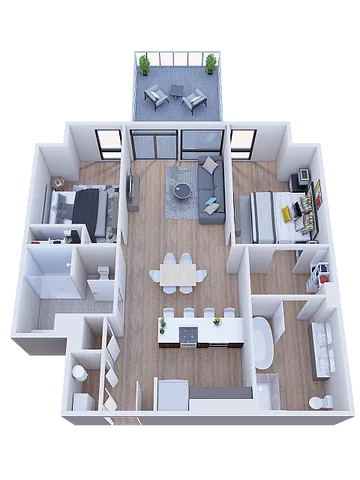 Modern 3D floor plan showcasing 2 elegant bedrooms, spacious open-concept living space, and a stylish kitchen with a breakfast bar, complemented by a cozy outdoor patio.